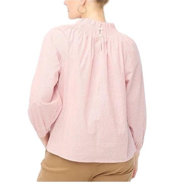 J Crew New! Striped Poplin Smocked Balloon 3/4 Sleeve Key Hole Top High Neck - Picture 3 of 16